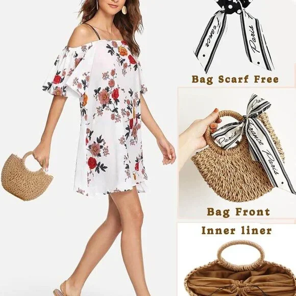 Straw Shoulder Bag Handmade Woven Purse Beach Clutch Crossbody for Women - Picture 5 of 6